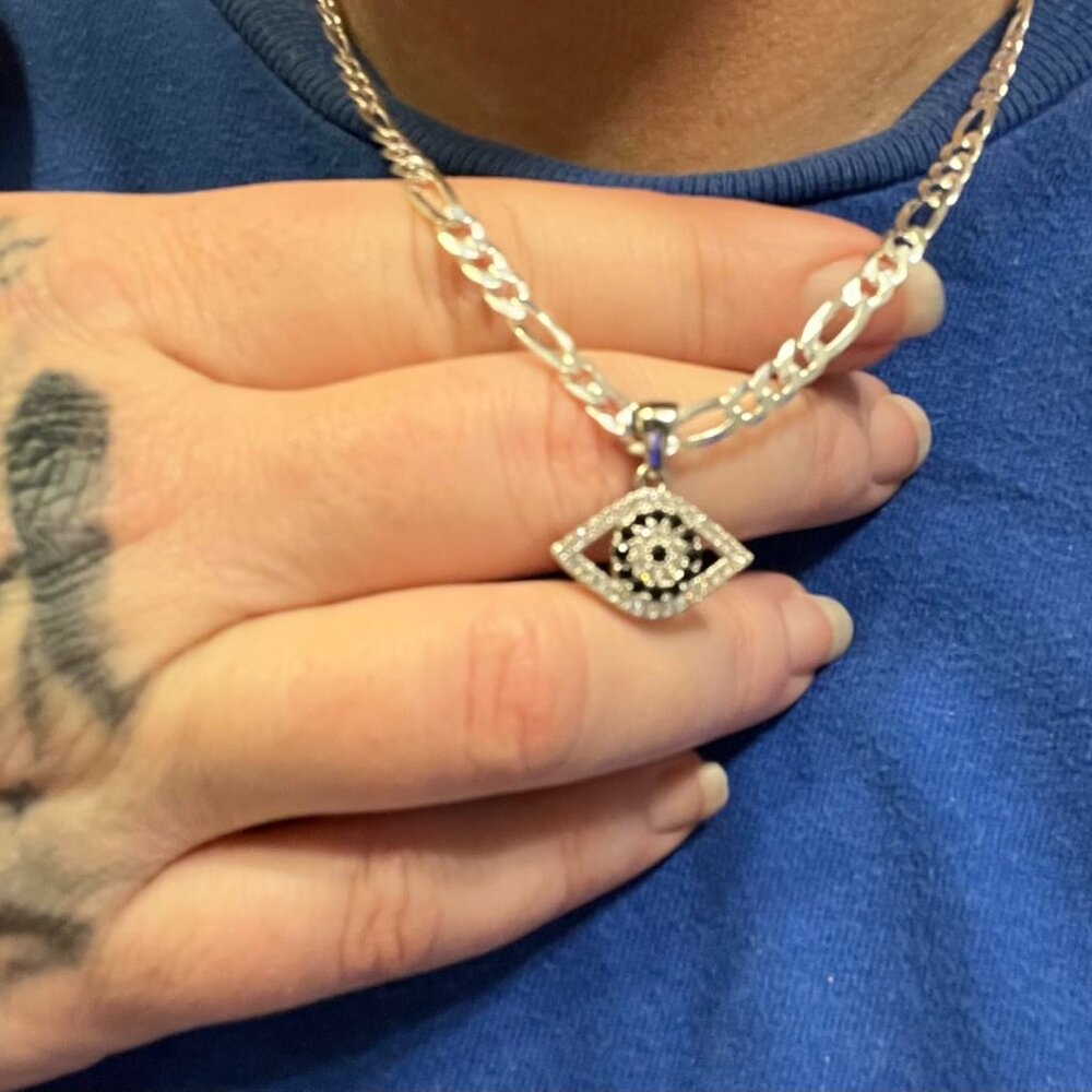 Neiman Marcus 14K White Gold Plated Evil Eye Pendant 3mm Figaro Chain Necklace